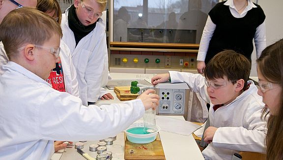 Schülerinnen und Schüler experimentieren.